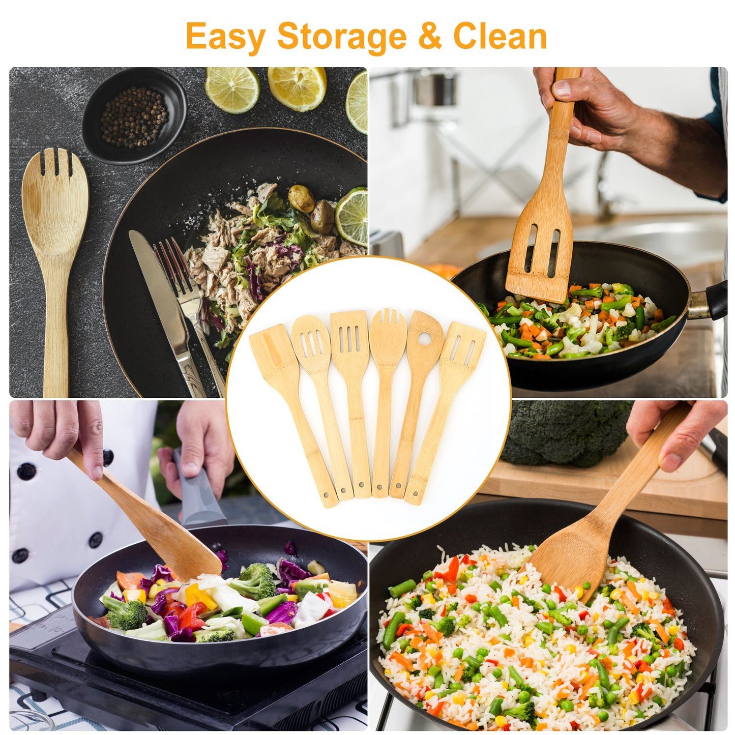 Set Of 6Pcs Cooking Utensil Bamboo Wooden Spoons Spatula Kitchen Cooking Tools