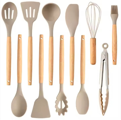 Non-Stick Silicon 12 Pcs Heat Resistant Wooden Handle Kitchen Cooking Utensils Set,
