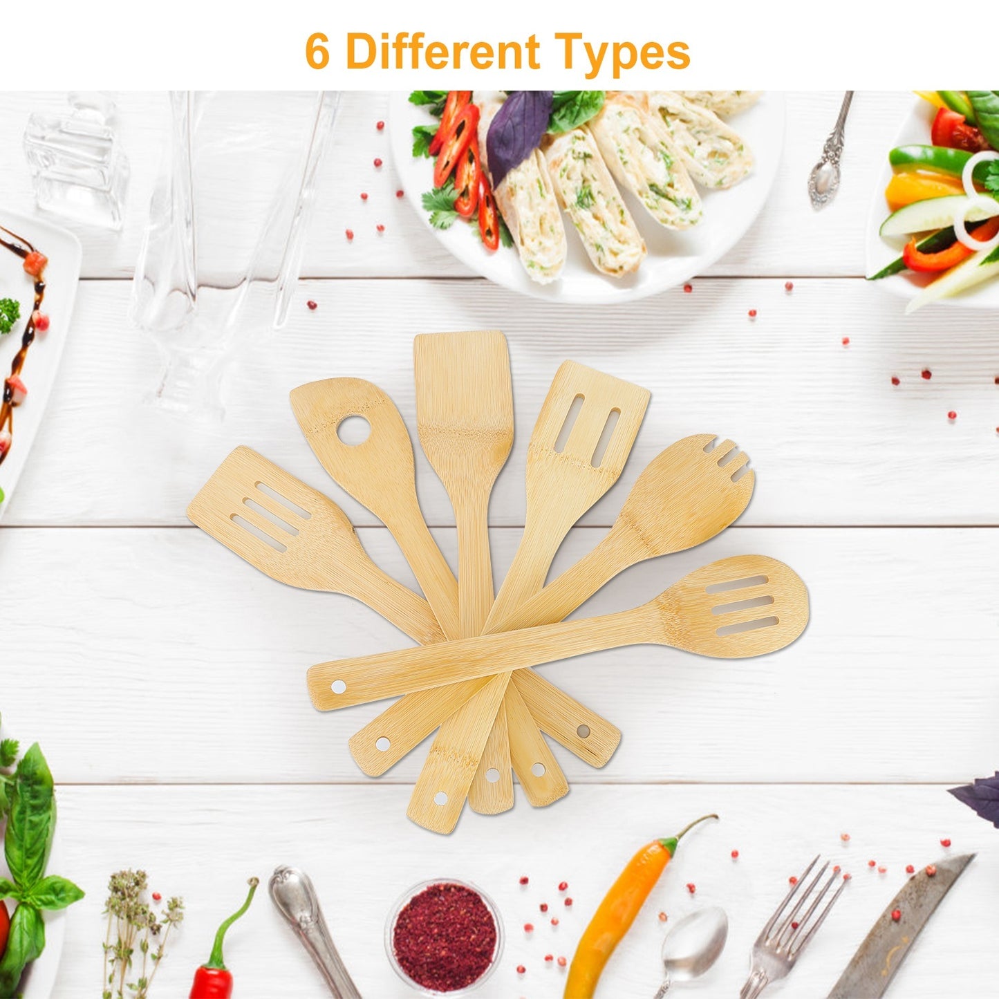 Set Of 6Pcs Cooking Utensil Bamboo Wooden Spoons Spatula Kitchen Cooking Tools