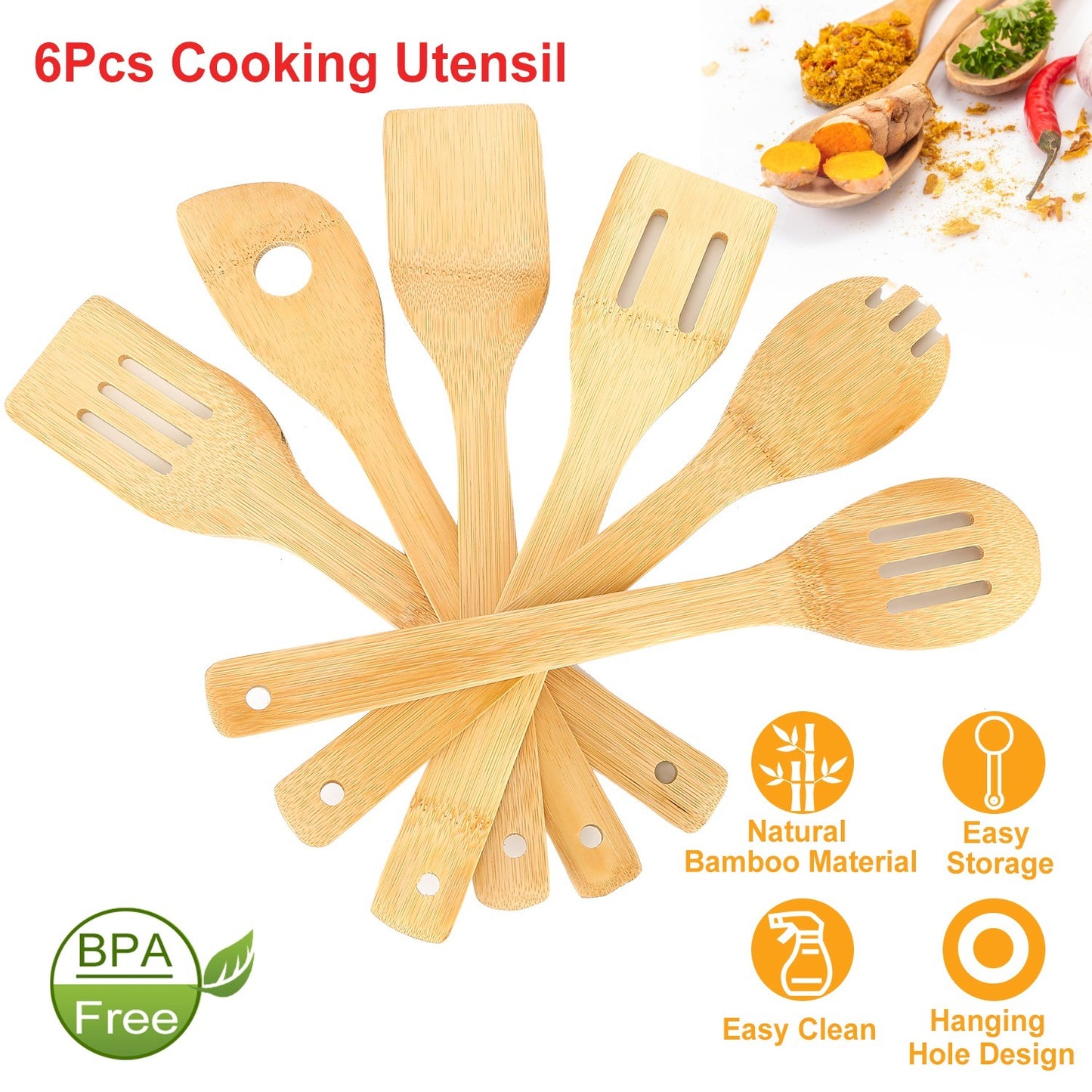 Set Of 6Pcs Cooking Utensil Bamboo Wooden Spoons Spatula Kitchen Cooking Tools