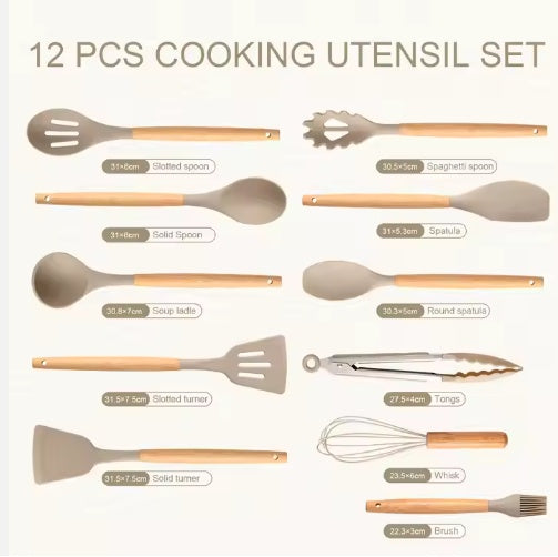 Non-Stick Silicon 12 Pcs Heat Resistant Wooden Handle Kitchen Cooking Utensils Set,