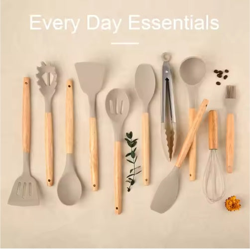 Non-Stick Silicon 12 Pcs Heat Resistant Wooden Handle Kitchen Cooking Utensils Set,