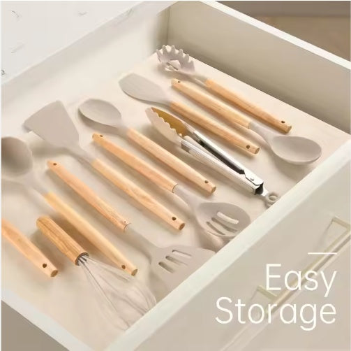 Non-Stick Silicon 12 Pcs Heat Resistant Wooden Handle Kitchen Cooking Utensils Set,