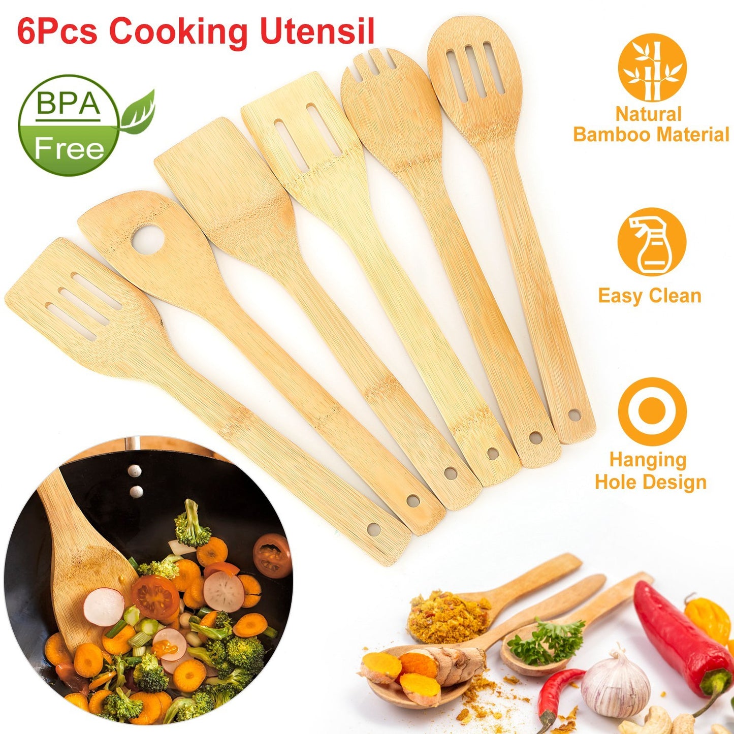 Set Of 6Pcs Cooking Utensil Bamboo Wooden Spoons Spatula Kitchen Cooking Tools
